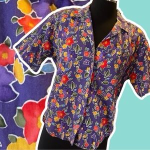Vintage Lizsport floral button up short sleeve purple cotton small petite